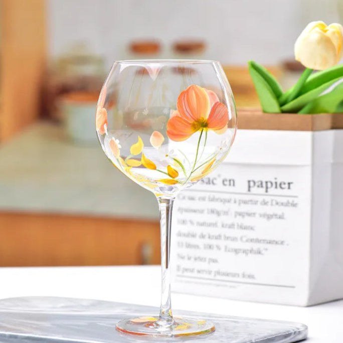 Hand-painted Wine Glass - Orange/Yellow Floral (1 pce, 400ml)