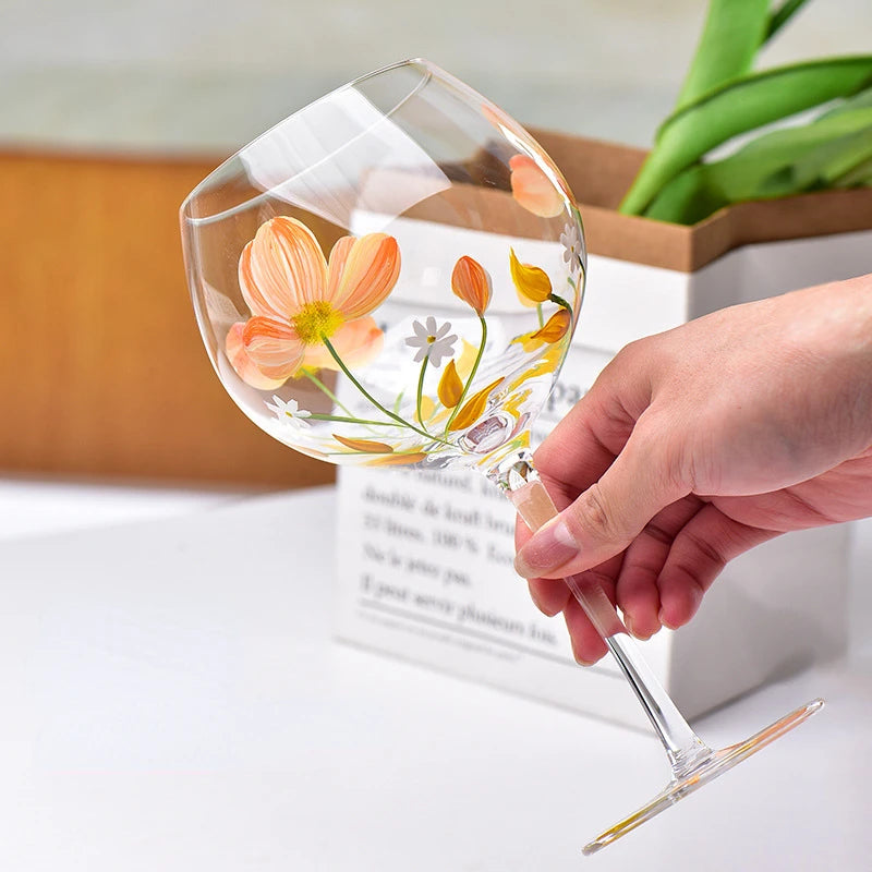 Hand-painted Wine Glass - Orange/Yellow Floral (1 pce, 400ml)
