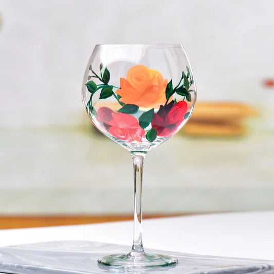 Hand-painted Wine Glass - Orange/Pink Floral (1 pce, 400ml)