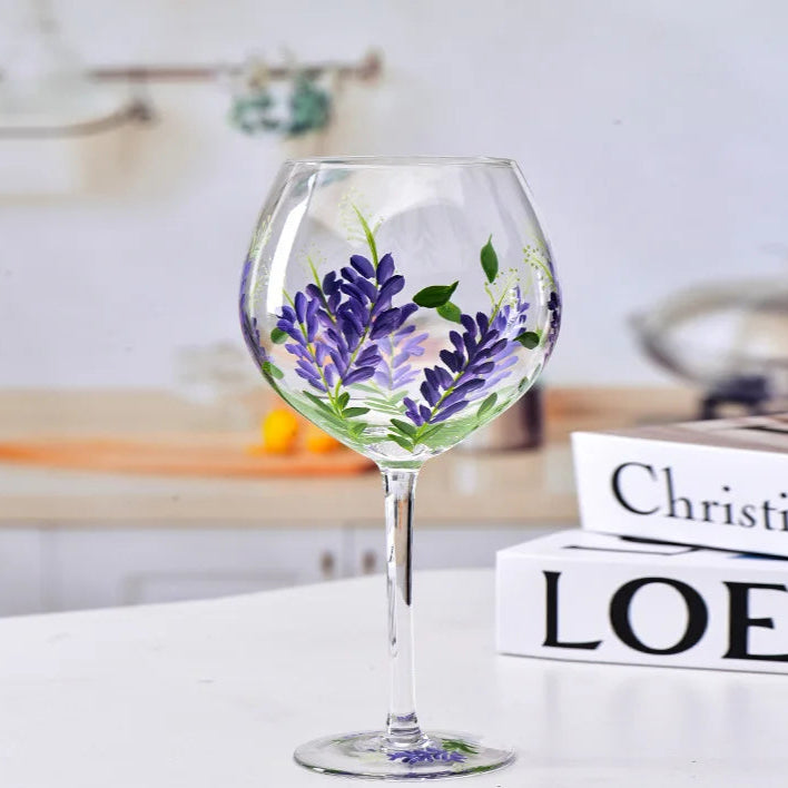 Hand-painted Wine Glass - Purple/Green Floral (1 pce, 400ml)