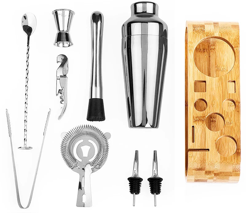 10-Piece Cocktail Set with Stylish Bamboo Stand