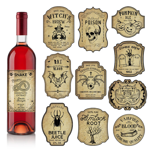 Halloween Retro Horror Gothic Wine Bottle Labels (12/24 pcs)