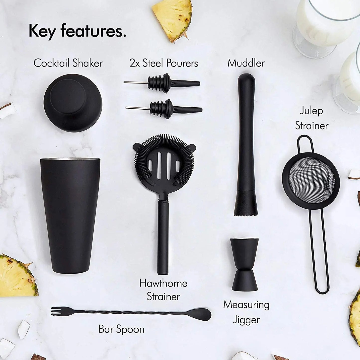 Parisian Matte Black 9 Piece Stainless Steel Cocktail Shaker Set