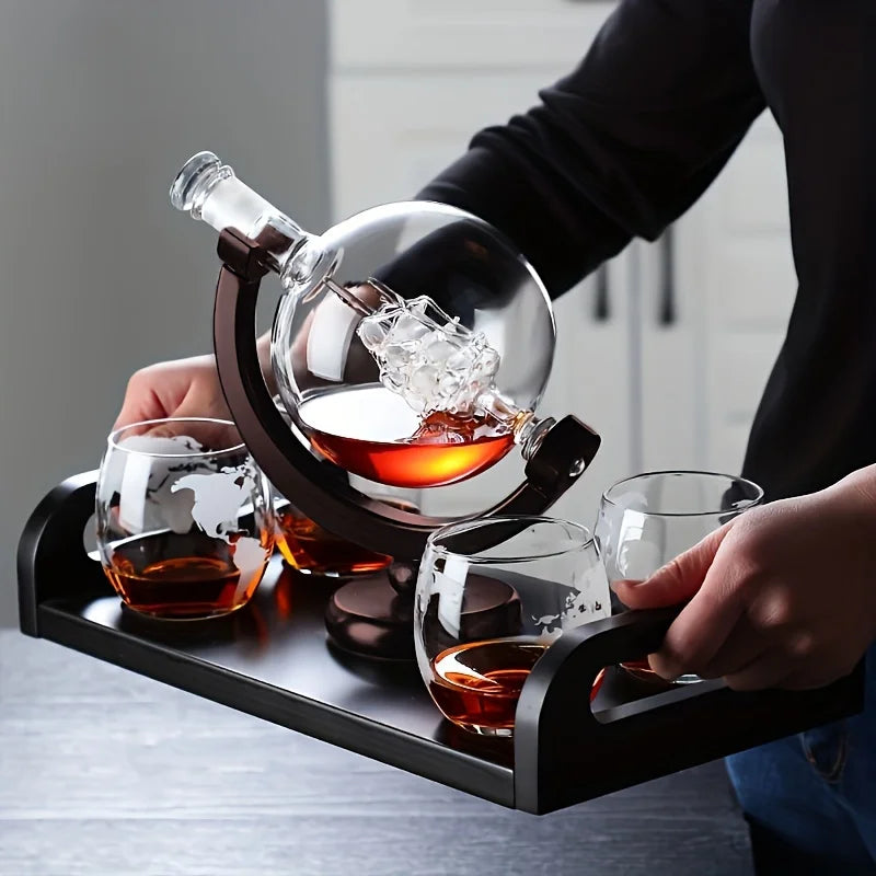 Globe Decanter Set with Stand and 2 Whiskey Glasses